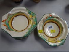 Six Clarice Cliff Bizarre series fruit dishes