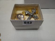 An antique mourning locket brooch, a filigree bar brooch & a crucifix