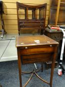 A good antique work table with pokerwork leather top, slide out work top drawer & slide out basket