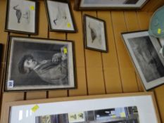 An antique framed print of Sir Joshua Reynolds, a trio of ornithological prints etc