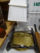 A small ornamental brass topped table together with a pair of modern glass & chrome table lamps