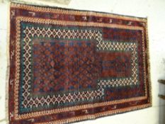 Mainly blue & red patterned old Baluchi rug, 137 x 100cms