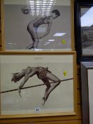 A pair of framed Pirelli calendars, a pair of landscapes & a pair of locomotive prints