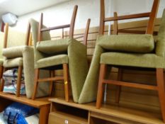 Set of nine sage upholstered & teak legged high back dining chairs