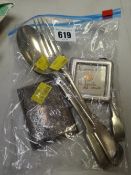 An engraved silver cigarette box & three items of EPNS cutlery etc