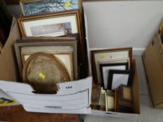 A quantity of framed pictures etc in two boxes
