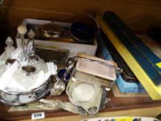 A large tray of boxed & unboxed EPNS cutlery, various dishes etc