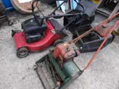 A petrol rotary lawn mower together with a vintage petrol lawn mower & roller