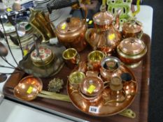 Tray of copper & brass ornaments & kettles etc