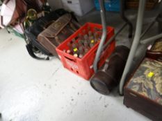 A concertina sewing box, a cased set of bowls, sundry briefcases & a crate of old Coca-Cola