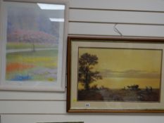 Framed print of a park scene signed M MORTON together with a framed print of haymaker's & hay cart