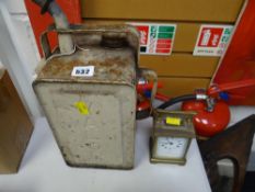 A vintage Esso blue paraffin can together with a French carriage clock (distressed)