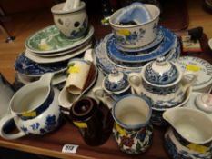 A tray of Staffordshire pottery including blue & white plates, small jugs etc