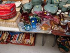 A parcel of souvenirs & small trinkets, a parcel of glassware, a sewing basket & contents etc