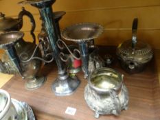 Tray of EPNS including an epergne, water jug, kettle etc