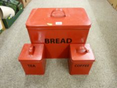 Red vintage style tin bread bin with matching pair of tea and coffee containers