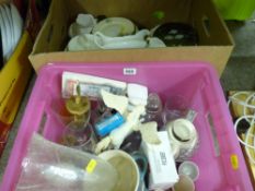 Plastic crate of glass and crockery and a mixed box of teaware