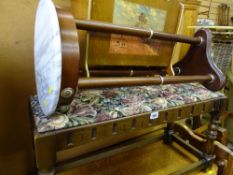 Floral upholstered long stool, wooden magazine rack and faux marble circular topped occasional