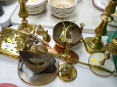 Parcel of mixed brassware including pair of candleholders, chestnut roaster and a bone mounted