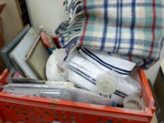 Crate of mixed items, sailor's caps, birthday balloons and a rug etc