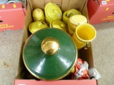 Large ceramic pot and cover with wooden contents and a quantity of lemon coloured storage jars etc