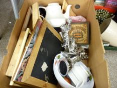 Mixed box of picture frames, table crockery and figurines etc