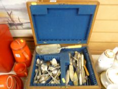 Two vintage wooden cutlery cases and contents (mainly teaspoons and various butter knives)