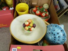 Vintage mixing bowl and other pottery items with a metal kettle