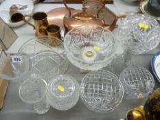 Mushroom shaped cut glass table lamp, quantity of similarly styled bowls and vases