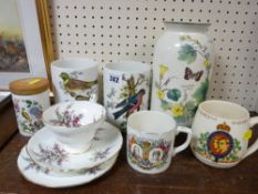 Two Portmeirion bird decorated jars, two commemoration mugs, Prinknash pottery vase etc