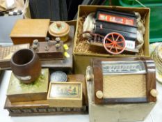 Small miniature model radio, a miniature boxed Tallent street organ, plus sundry small boxes etc
