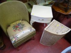 French style single drawer bedside cabinet, loom style chair and a small corner woven linen basket