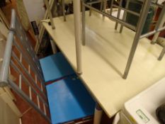 Painted wooden topped table with metal frame and four metal framed chairs with blue painted seats