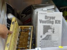 Tub of dryer venting kits, screws in a handy plastic tub and a boxed set of cutters etc
