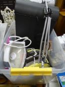 Tub of household kitchen items, mainly Breville iron, toaster, shredder, anglepoise lamp etc E/T