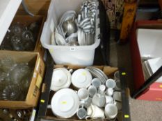 Plastic crate and a box of mainly white dinner and teaware with silver line detail