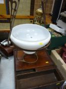 Good metallic hanging lamp with milk glass shade, brass companion set, small pine box with sliding