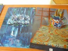 JOHN CHERRINGTON oil on board - still life, jug in window and oil on board - still life, blue