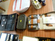 Vintage tin cash box, a billycan and a gent's travelling toilet kit in case