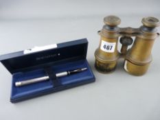 Pair of brass encased, possibly military binoculars (unmarked) and a cased Sheaffer stainless