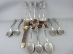 Parcel of pewter spoons and a James Heeley & Sons patent double lever all metal corkscrew