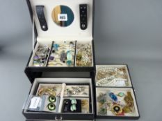 Black jewellery box with concertina trays and good quantity of dress jewellery