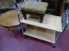 Small piecrust occasional table, vintage footstool, bevelled edge mirror and a modern two tier