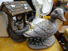 Garden duck ornament and an electric wishing well garden water feature E/T