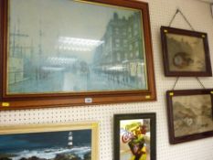 Large framed print after GRIMSHAW (faded), a small Coca Cola mirror advert and a pair of Highland