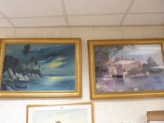 Large gilt framed Oriental oil print on canvas and a large gilt framed print - mill scene with