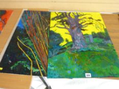 JOHN CHERRINGTON oil on board - tree against a yellow sky and oil on board - abstract flowers