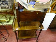 Polished wood two tier trolley and a small polished wood storage box on wheels with vintage books