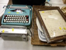 Smith Corona vintage typewriter in good condition, small Sanyo radio, woven tray and three unused