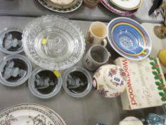 Pair of George VI commemorative glass plates, Wedgwood Christmas plate, boxed, a Masons Silver